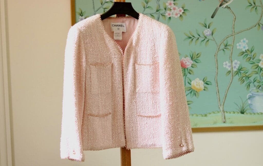 Pink Chanel jacket with pearl trim